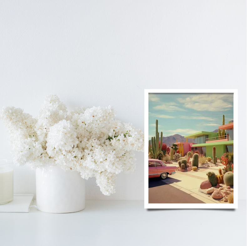 Vintage Palm Springs high quality framed canvas prints | Green house with pink car | 30 cm x 40 cm