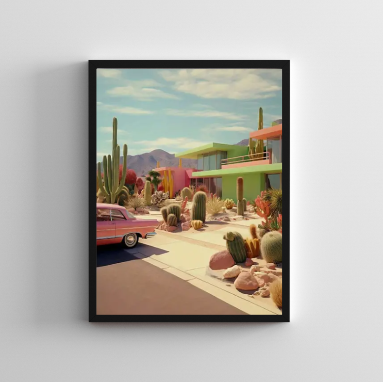 Vintage Palm Springs high quality framed canvas prints | Green house with pink car | 30 cm x 40 cm