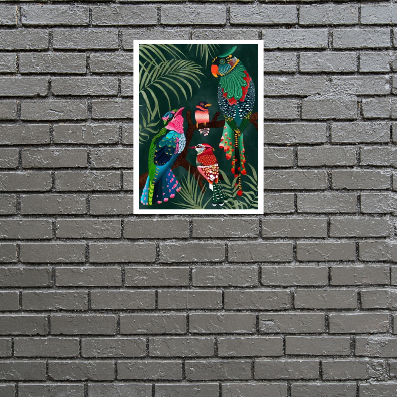 Parrots in the jungle vibrant framed canvas print | Green, blue, black red | 30 cm x 40 cm