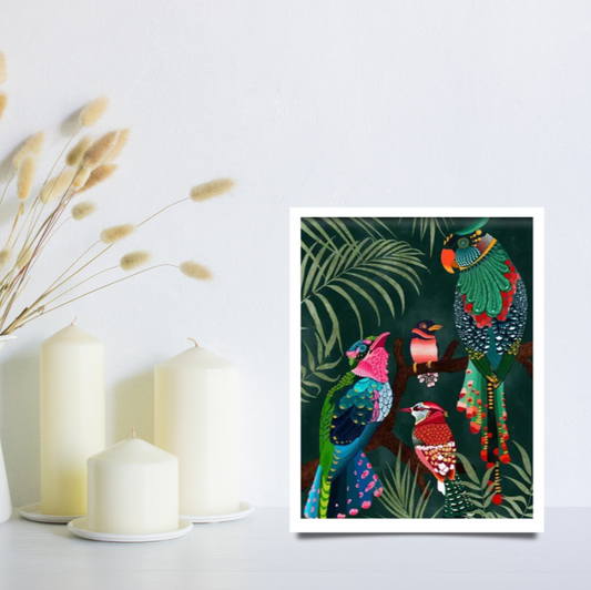 Parrots in the jungle vibrant framed canvas print | Green, blue, black red | 30 cm x 40 cm