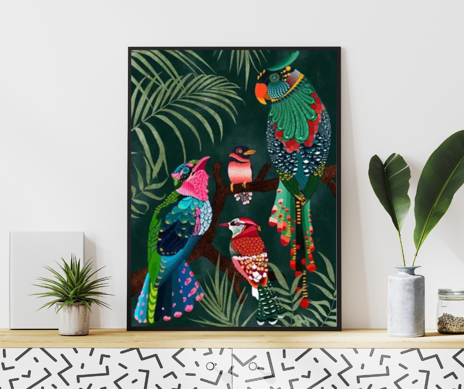 Parrots in the jungle vibrant framed canvas print | Green, blue, black red | 30 cm x 40 cm