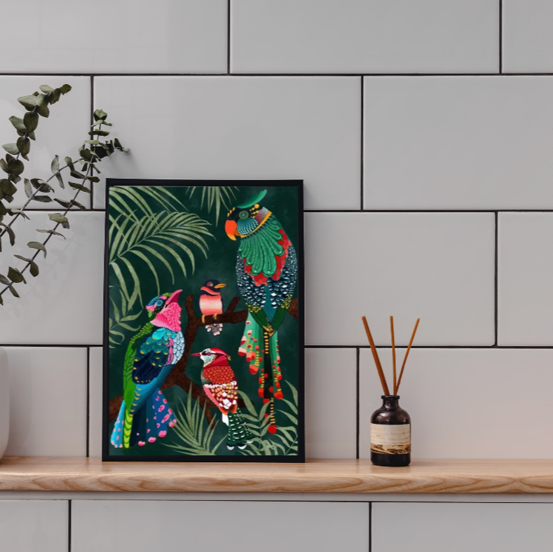 Parrots in the jungle vibrant framed canvas print | Green, blue, black red | 30 cm x 40 cm