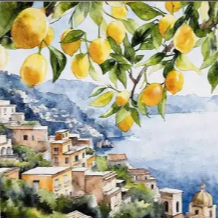 Mediterranean Positano water colour high quality UV protected framed canvas print | Blue, cream, yellow | 40 cm x 30 cm