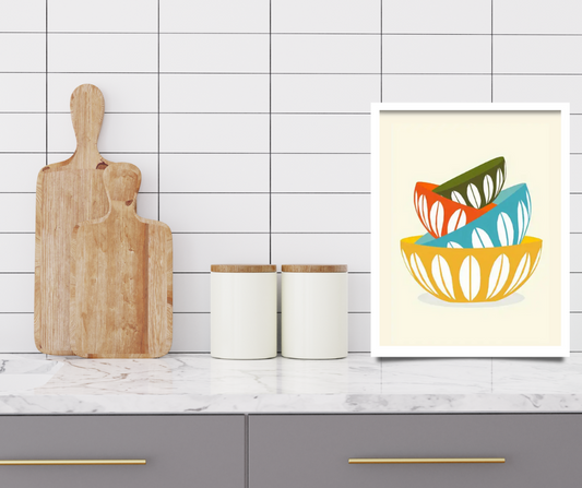 Retro vintage bowls framed canvas print | Orange, blue, yellow, brown | 30 cm x 40 cm