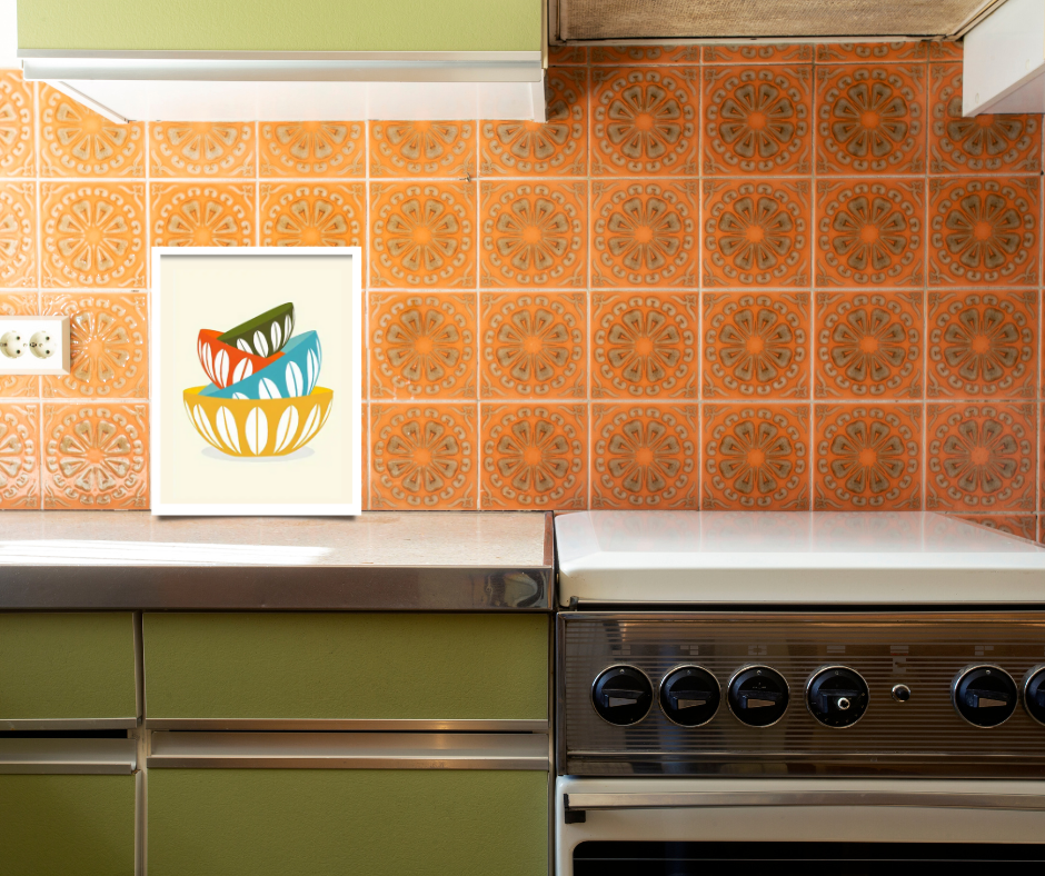 Retro vintage bowls framed canvas print | Orange, blue, yellow, brown | 30 cm x 40 cm