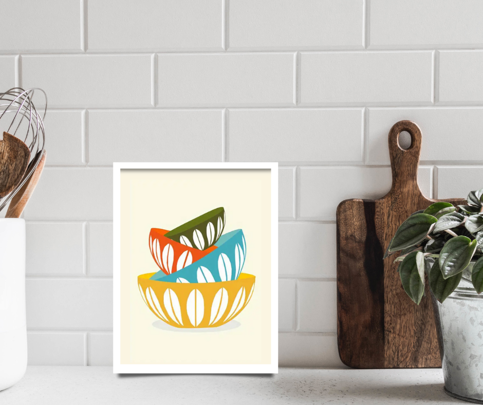 Retro vintage bowls framed canvas print | Orange, blue, yellow, brown | 30 cm x 40 cm