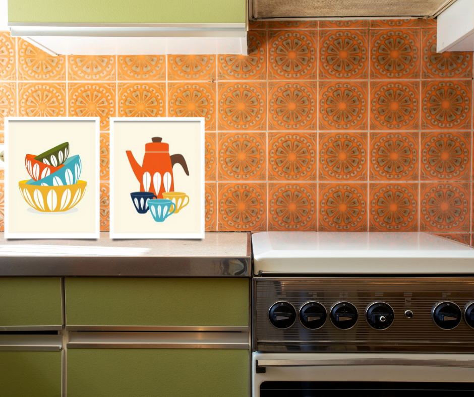 Retro vintage bowls framed canvas print | Orange, blue, yellow, brown | 30 cm x 40 cm