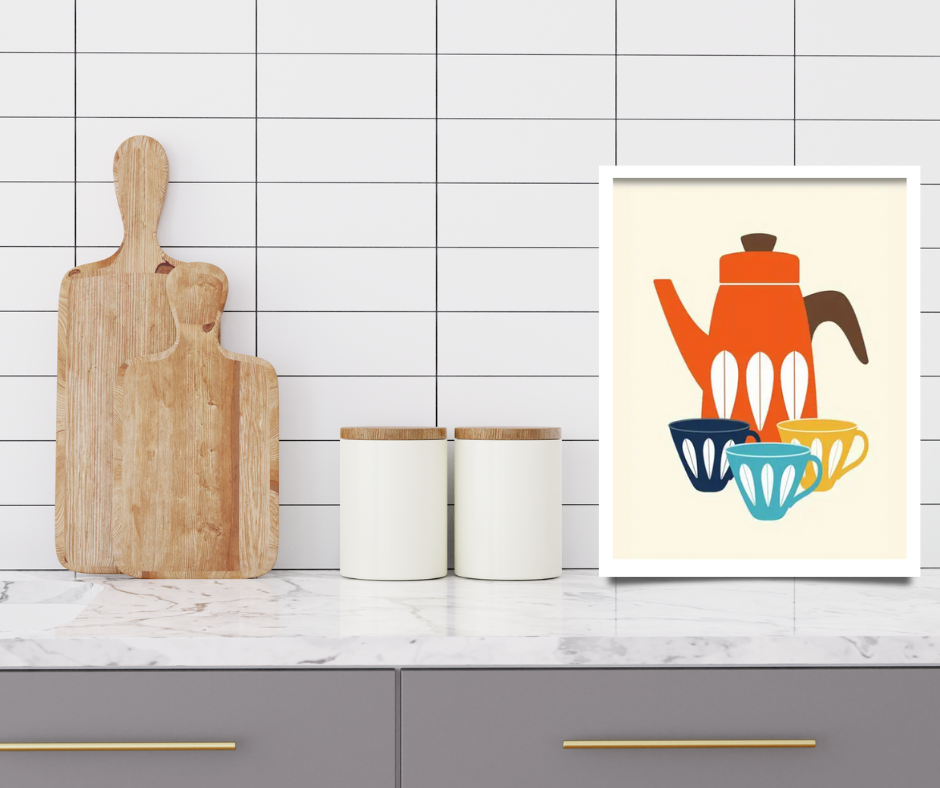Retro vintage coffee urn and cups framed canvas print | Orange, blue, yellow, brown | 30 cm x 40 cm