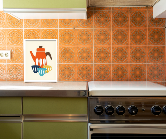 Retro vintage coffee urn and cups framed canvas print | Orange, blue, yellow, brown | 30 cm x 40 cm
