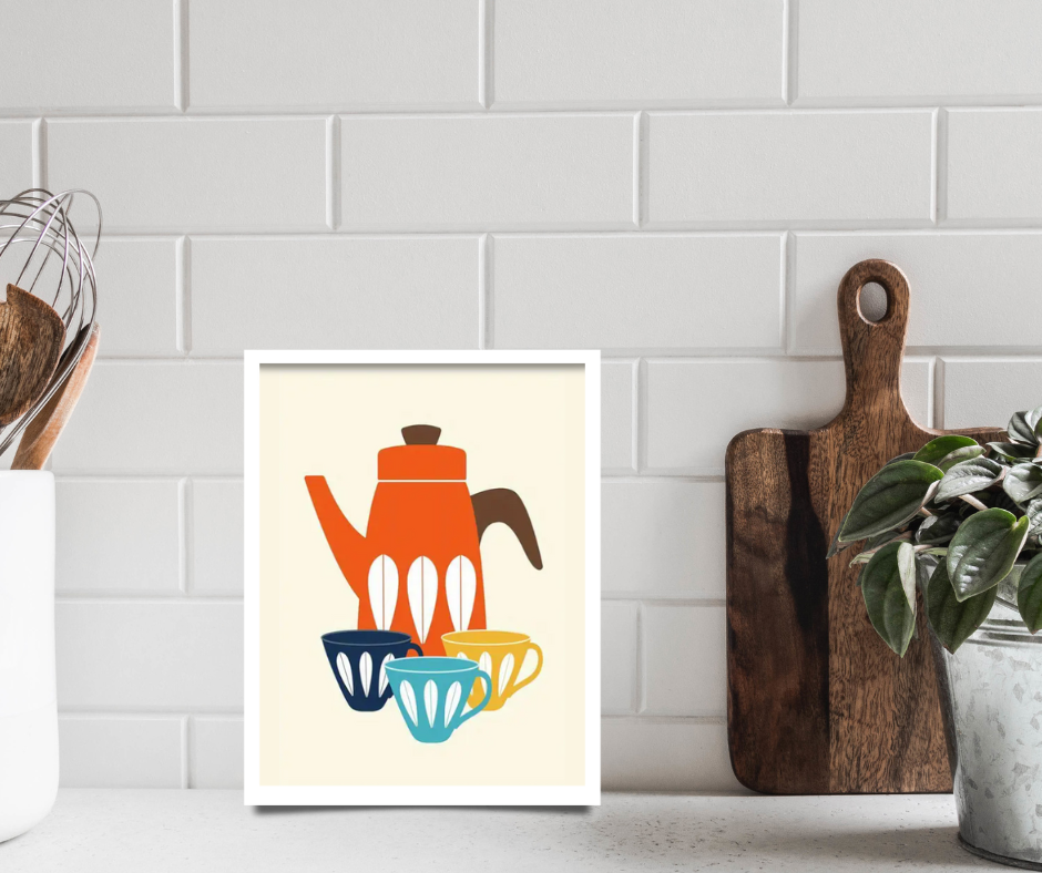 Retro vintage coffee urn and cups framed canvas print | Orange, blue, yellow, brown | 30 cm x 40 cm