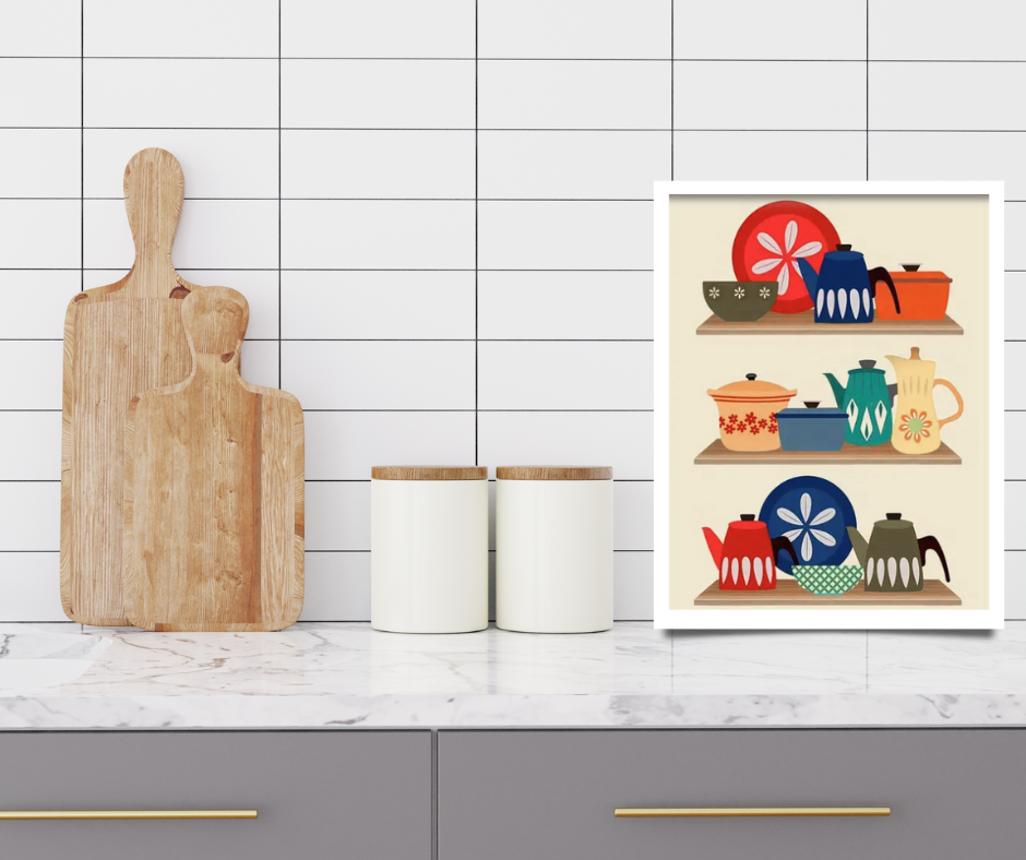 Retro vintage plates and bowls framed canvas print | Red, blue, yellow, brown | 30 cm x 40 cm