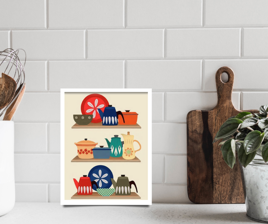 Retro vintage plates and bowls framed canvas print | Red, blue, yellow, brown | 30 cm x 40 cm