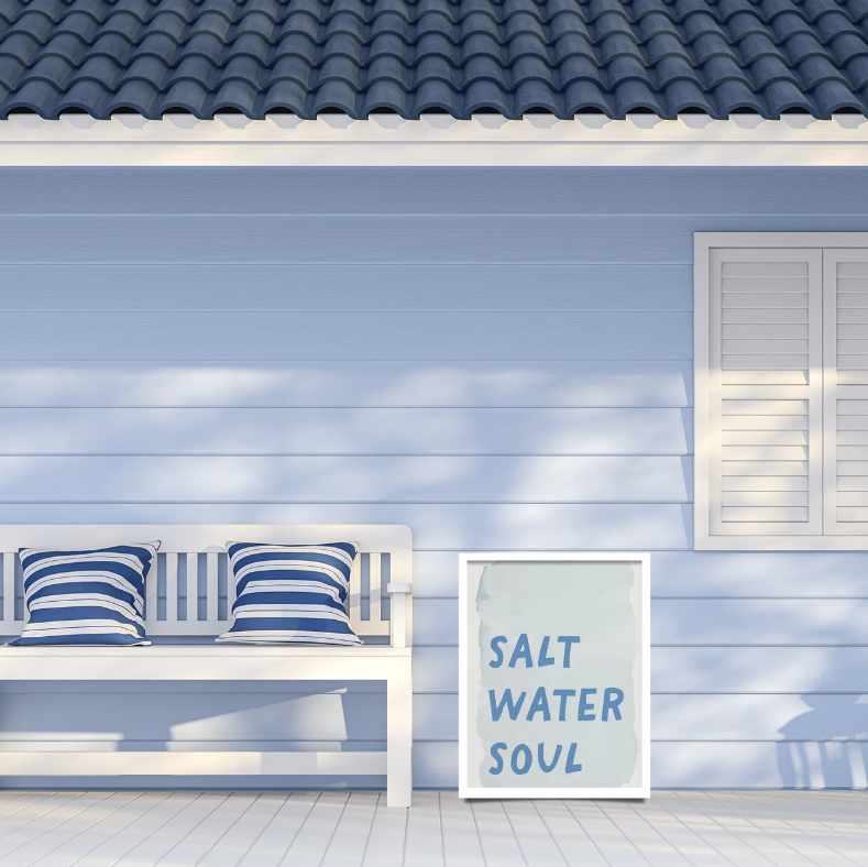 Salt water soul high quality framed canvas print | Light blue, white  | 30 cm x 40 cm