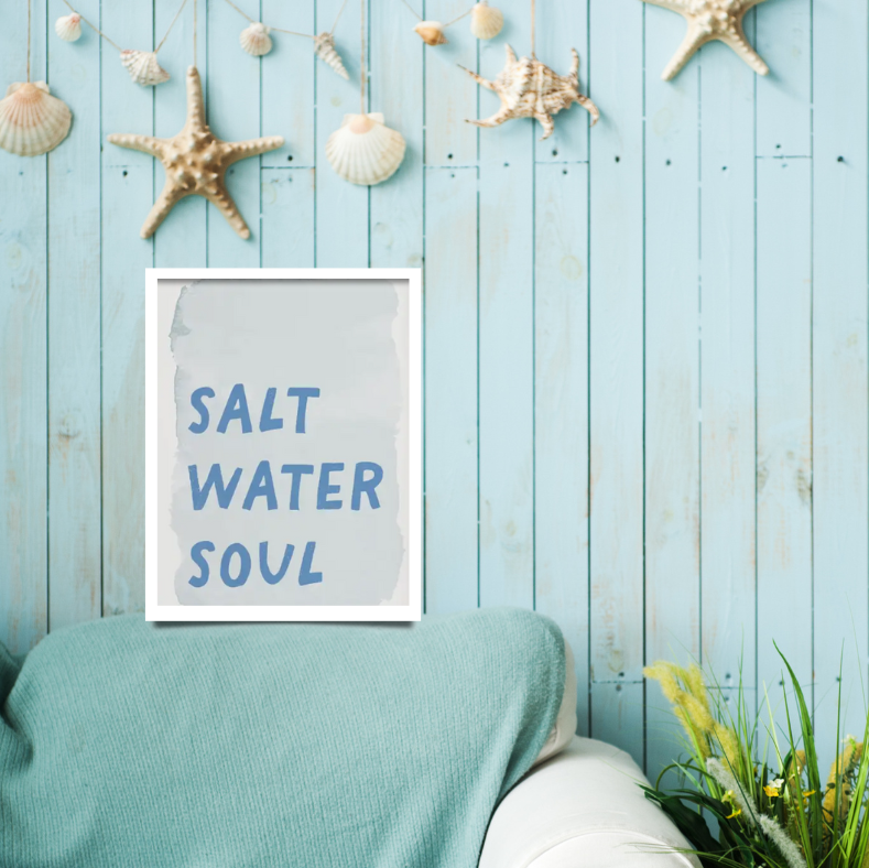 Salt water soul high quality framed canvas print | Light blue, white  | 30 cm x 40 cm