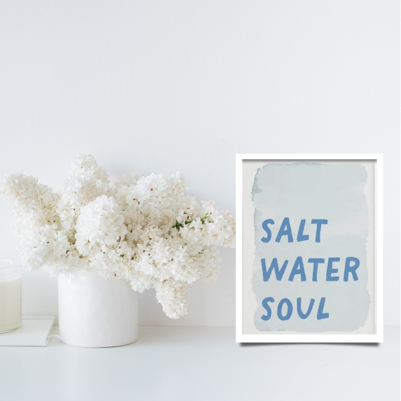 Salt water soul high quality framed canvas print | Light blue, white  | 30 cm x 40 cm