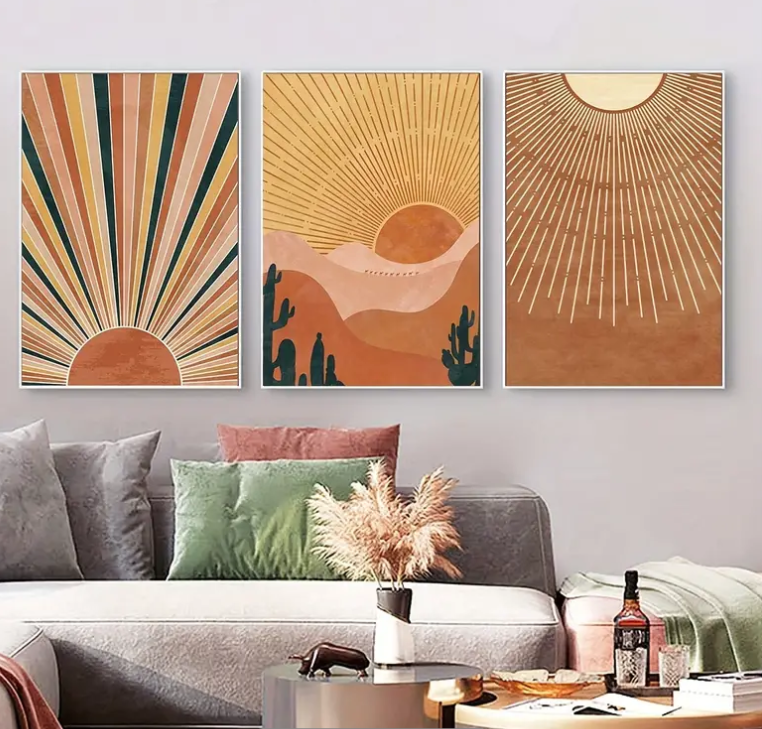 Boho stages of the sun |  High quality UV protected framed canvas print | Earth tones | Set of 3 | 30 cm x 40 cm