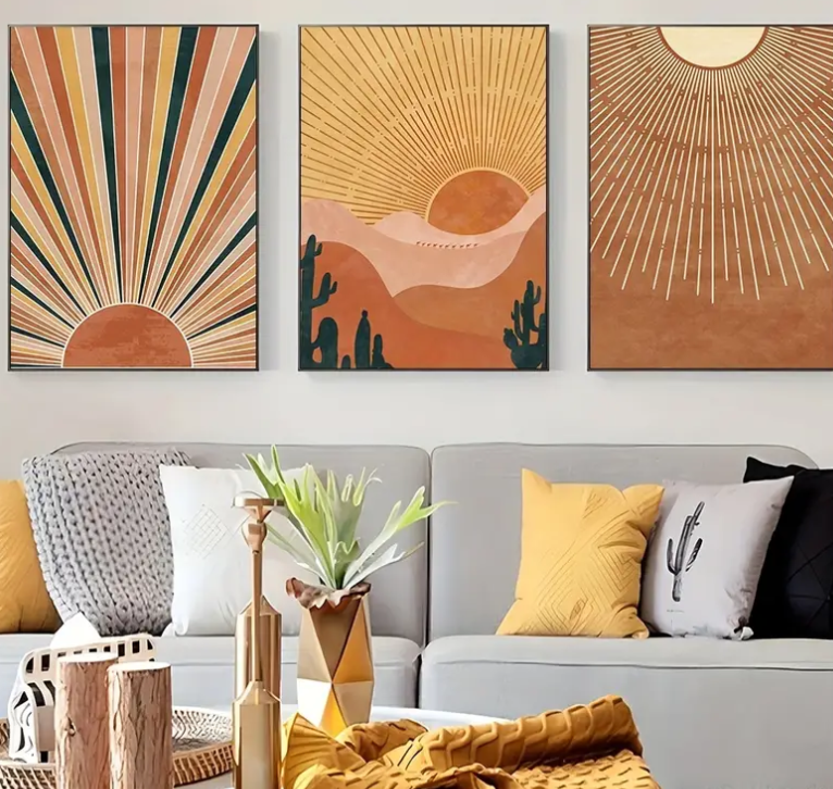 Boho stages of the sun |  High quality UV protected framed canvas print | Earth tones | Set of 3 | 30 cm x 40 cm