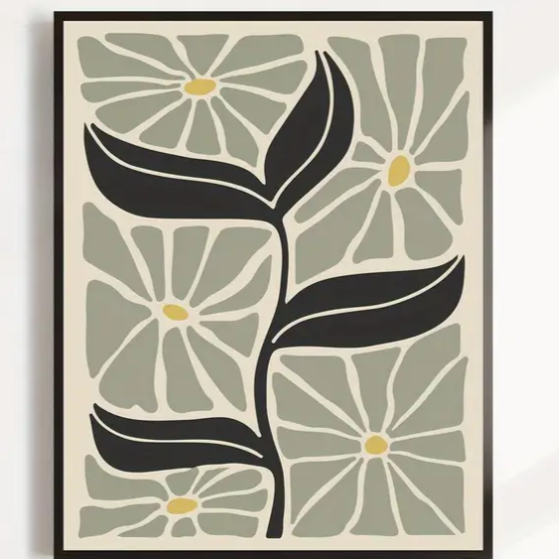 Matisse stylised foliage high quality UV protected framed canvas print | Sage, black, cream | 30 cm x 40 cm