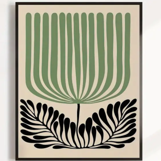 Matisse stylised single tulip high quality UV protected framed canvas print | Sage, black, cream | 30 cm x 40 cm