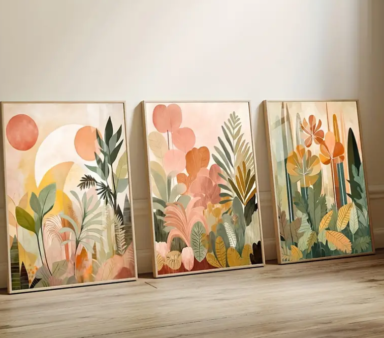 Boho floral botanicals framed canvas prints | Orange, green, olive, peach | Set of 3 | 30 cm x 40 cm