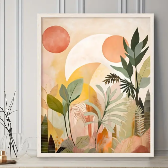 Boho floral botanicals framed canvas prints | Orange, green, olive, peach | Set of 3 | 30 cm x 40 cm