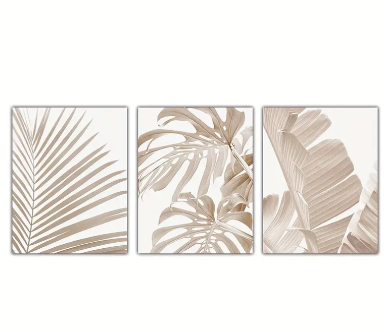 Minimalist palms with Monstera | High quality UV protected framed canvas prints | Beige, white |Set of 3 | 50 cm x 70 cm LGE