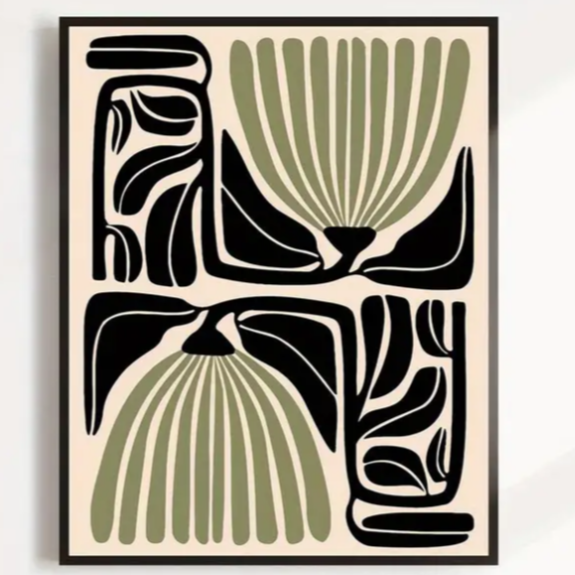 Matisse stylised double-tulip high quality UV protected framed canvas print | Sage, black, cream | 30 cm x 40 cm
