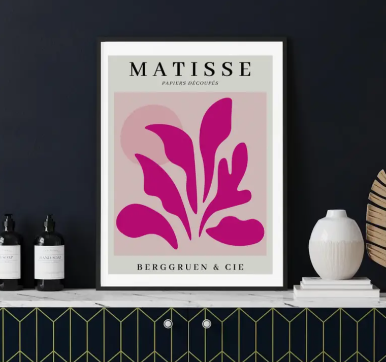Matisse stylised floral high quality UV protected framed canvas print | Pink, black | 30 cm x 40 cm
