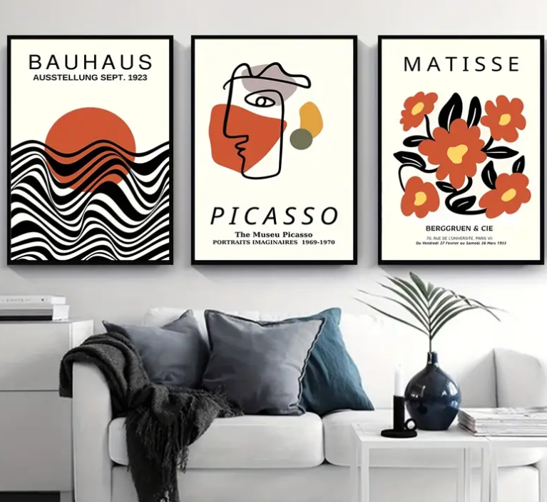 Bauhaus, Matisse and Picasso |  High quality UV protected framed canvas print | Orange and black | Set of 3 | Black frames