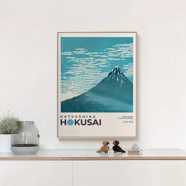 Katsushika Hokusai 'Fine wind, clear morning' high quality UV protected framed canvas print | Blue, white, black | 30 cm x 40 cm