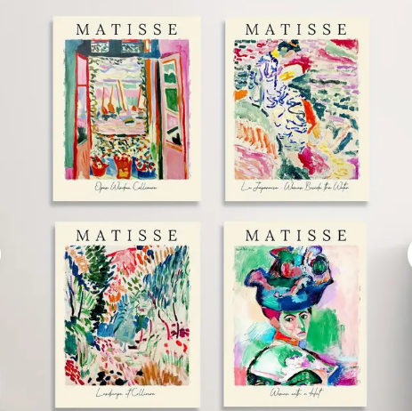Matisse bright impressionist style high quality UV protected framed canvas prints | Blue, green, pink, red | Set of 4 | 30 cm x 40 cm