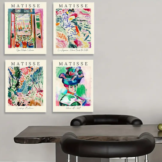 Matisse bright impressionist style high quality UV protected framed canvas prints | Blue, green, pink, red | Set of 4 | 30 cm x 40 cm