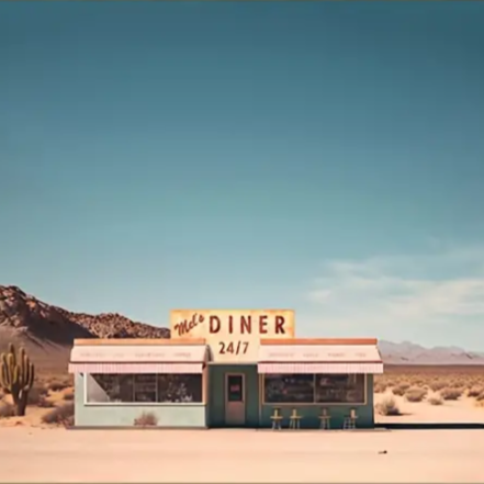 Mel's diner desert scene high quality UV protected framed canvas print | Blue, beige, brown | 30 cm x 40 cm