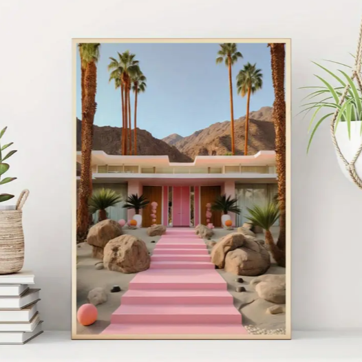 Palm Springs house pathway high quality UV protected framed canvas print | Pink, beige, green | 30 cm x 40 cm