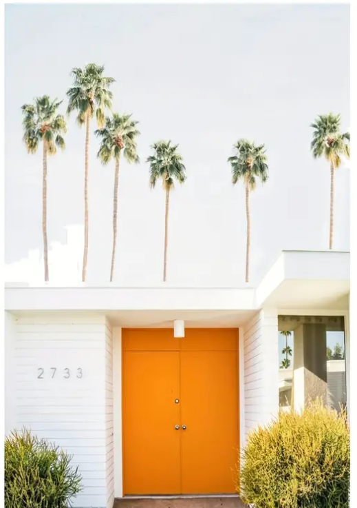 Palm Springs white house with orange door high quality UV protected framed canvas print | White, orange, green | 30 cm x 40 cm*