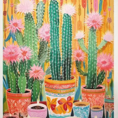 Vibrant cactus in pots | High quality UV protected framed canvas print | Green, pink, red, orange | 30 cm x 40 cm