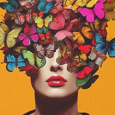 Vibrant lady with butterflies stretched canvas print | Yellow, pink, blue | 30 cm x 40 cm
