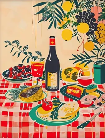 Mediterranean feast with tablecloth | High quality UV protected framed canvas print | Red, green, cream | 30 cm x 40 cm