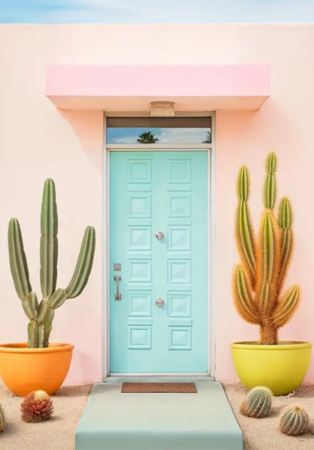 Palm Springs cactus at front door high quality UV protected framed canvas print | Pink, aqua, orange, yellow | 30 cm x 40 cm