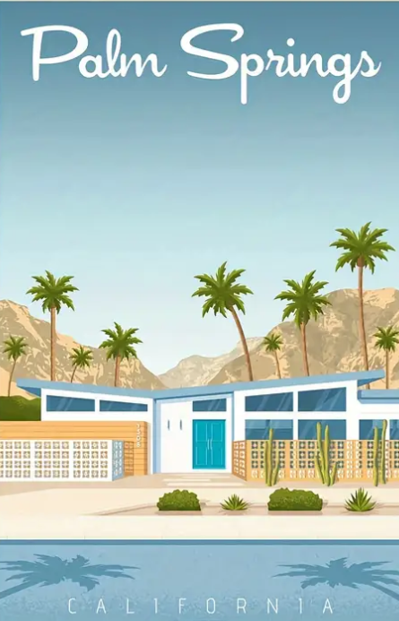 Palm Springs vintage poster high quality UV protected framed canvas print | Blue, beige, green | Style A | 30 cm x 40 cm