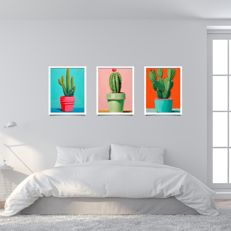 Still life cactus |  High quality UV protected framed canvas print | Aqua, green and orange | Set of 3 | 30 cm x 40 cm