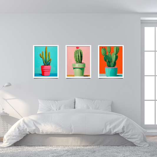 Still life cactus |  High quality UV protected framed canvas print | Aqua, green and orange | Set of 3 | 30 cm x 40 cm