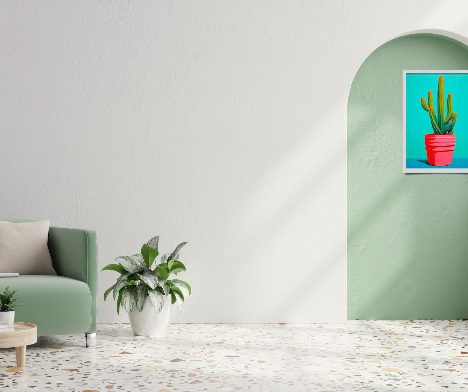 Still life cactus |  High quality UV protected framed canvas print | Aqua, green and orange | Set of 3 | 30 cm x 40 cm