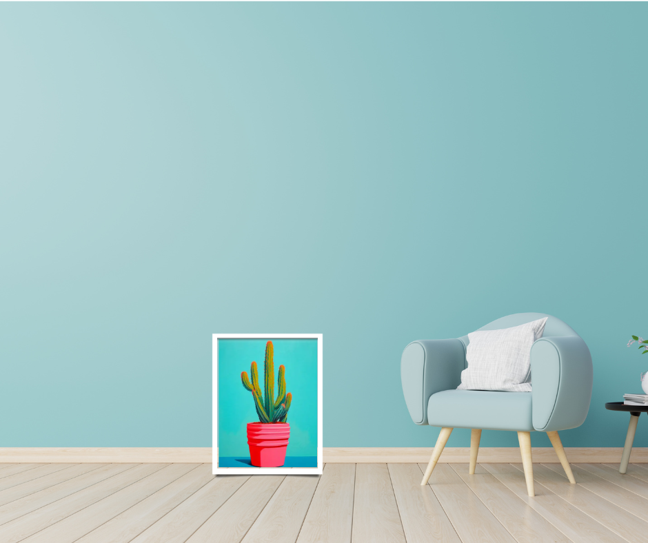 Still life cactus |  High quality UV protected framed canvas print | Aqua, green and orange | Set of 3 | 30 cm x 40 cm