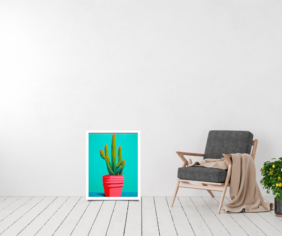 Still life cactus |  High quality UV protected framed canvas print | Aqua, green and orange | Set of 3 | 30 cm x 40 cm