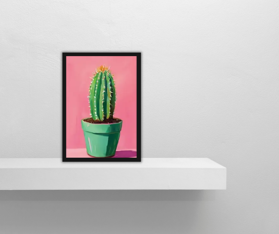 Still life cactus |  High quality UV protected framed canvas print | Light green pot, pink | 30 cm x 40 cm