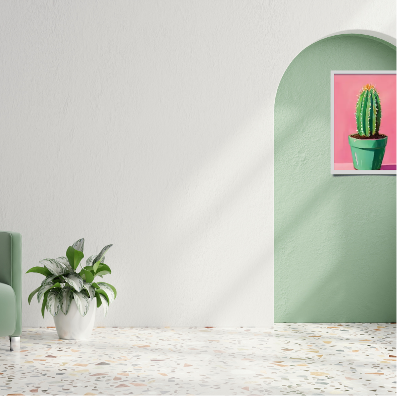 Still life cactus |  High quality UV protected framed canvas print | Light green pot, pink | 30 cm x 40 cm