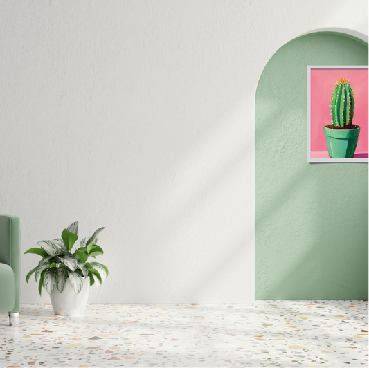 Still life cactus |  High quality UV protected framed canvas print | Light green pot, pink | 30 cm x 40 cm