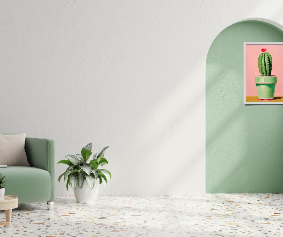 Still life cactus |  High quality UV protected framed canvas print | Aqua, green and orange | Set of 3 | 30 cm x 40 cm