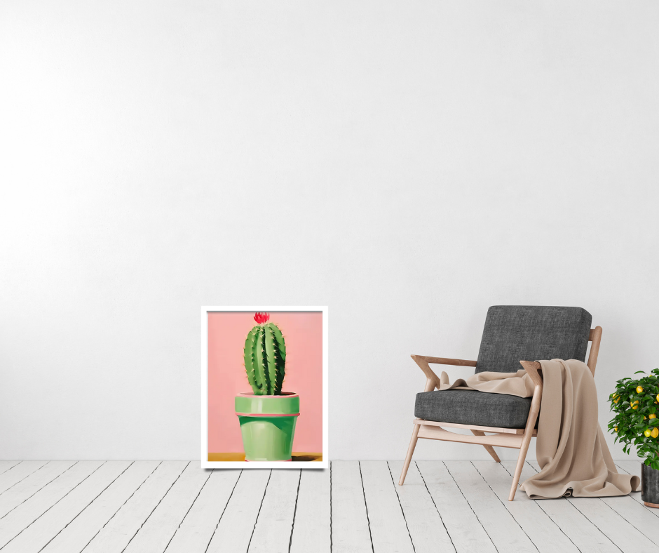 Still life cactus |  High quality UV protected framed canvas print | Aqua, green and orange | Set of 3 | 30 cm x 40 cm